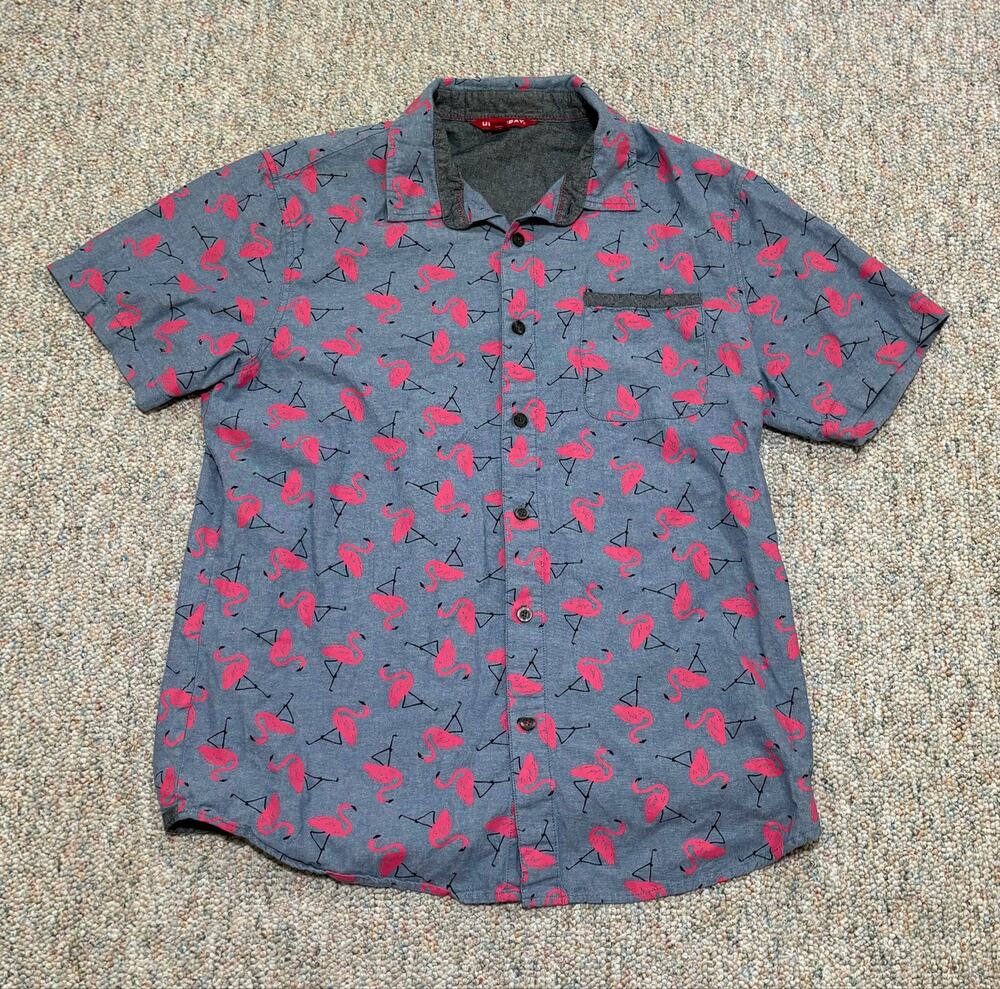 Unionbay Shirt Men's Large Blue Pink Black Flamingo Short Sleeve Button Up Shirt